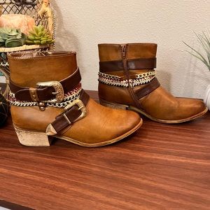 Olivia Miller Women's Cognac Greenwich Ankle Booties with Gold Buckles